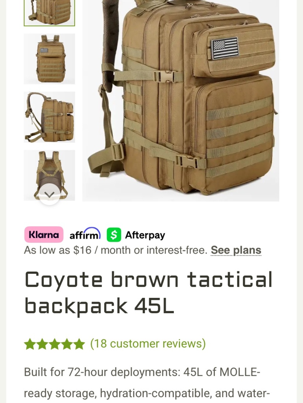 Coyote Brown Tactical Backpack 45L - Military Molle Pack